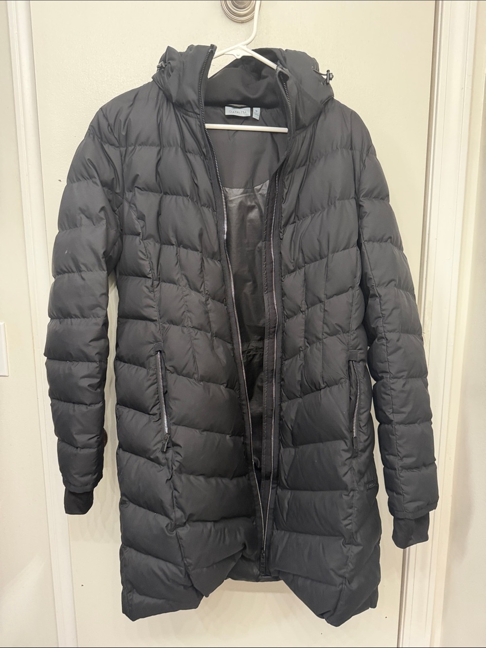 Athleta Black Long Quilted Hooded Puffer Coat